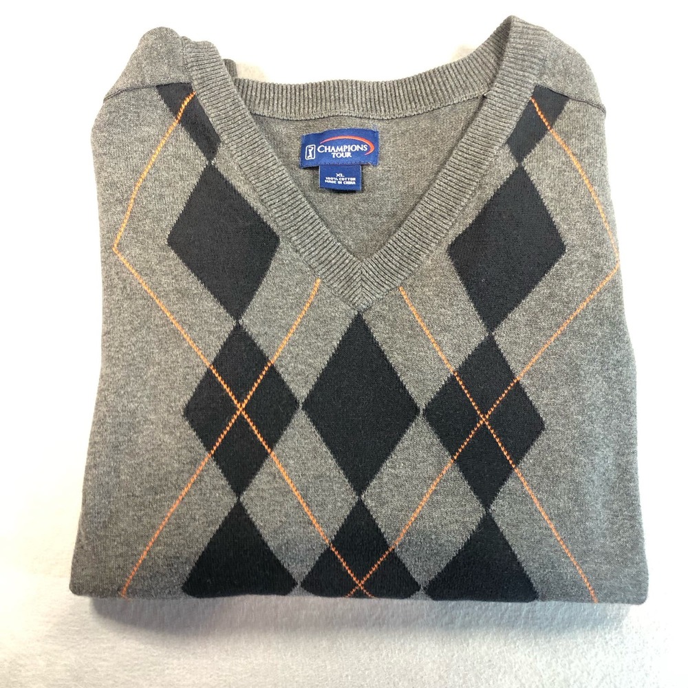 PGA Champion Tour Argyle Long Sleeve V-Neck Sweater Gray Size XL